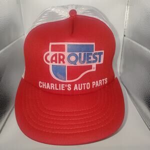 Vintage Car Quest Charlie’s Auto Parts Trucker Hat Red White Snapback